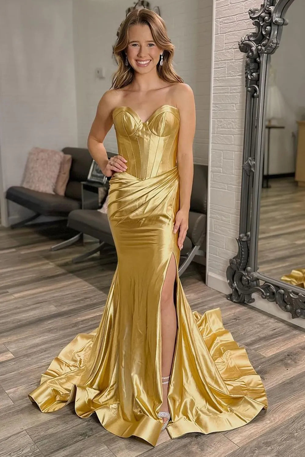 Gold Mermaid Sweetheart Long Metallic Unique Design Evening Dresses